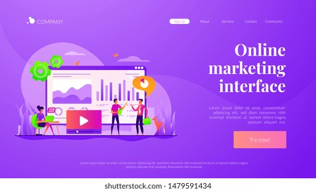 Data analysis, business analytics, SMM strategy. Analysts team working. Social media dashboard, online marketing interface, social media metrics concept. Website homepage header landing web page