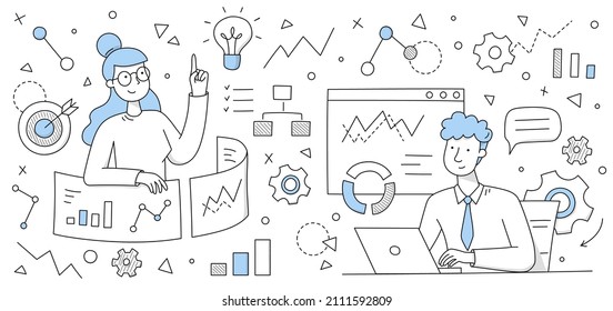 Análisis de datos concepto de negocio, analistas de doodles, personal de oficina colaboran en la elaboración de gráficos estadísticos, gráficos y diagramas de la gestión de ventas e informes operacionales, ilustración de vector de líneas de arte