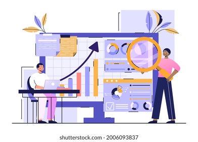 Data analysis for business concept. A man is sitting at a table and displays statistical data on a computer monitor. The employee studies the received data. Cartoon modern flat vector illustration