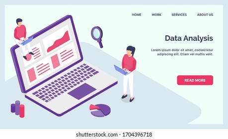 data analysis business graph and chart with laptop for website landing homepage with isometric style