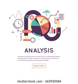 Data analysis, business graph statistics, financial research. Banner. Flat design vector illustration.