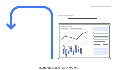 Data analysis, business growth, financial trends, marketing performance, technology insights, statistical visualization. Graphs, charts arrow on a digital interface. Data analysis and business