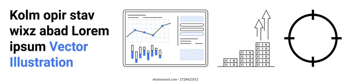 Análisis de datos, crecimiento del negocio, logro de metas, pronóstico financiero, planificación de estrategias y seguimiento del progreso. Se muestra un gráfico, edificios con flechas y un símbolo de destino. Crecimiento del negocio