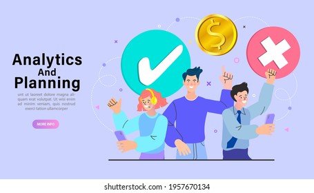Data analysis and business information research solution concept with "analytics" Management and marketing concept. Successful investor or entrepreneur. Financial consulting. Modern vector.