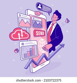 Data analysis and business information research solution concept with "analytics" Management and marketing concept. Successful investor or entrepreneur. Financial consulting. Modern vector outline. 