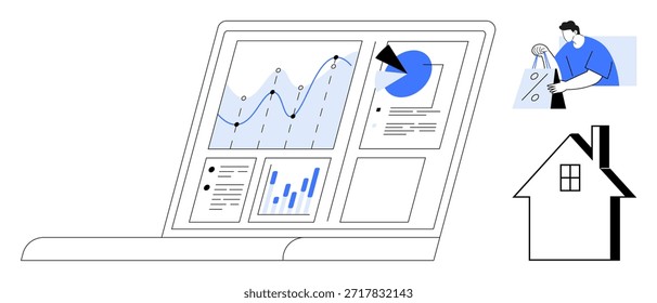 Análisis de datos, perspectivas de negocio, trabajo remoto, oficina en casa, sostenibilidad, comunicación moderna. Portátil que muestra gráficos, un hombre reciclando y una casa. Análisis de datos e información empresarial