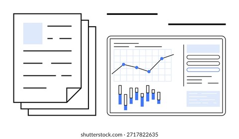 Análise de dados, business intelligence, relatórios financeiros, estatísticas, ferramentas de produtividade, gerenciamento. Documentos e uma mesa digitalizadora exibem gráficos e gráficos. Análise de dados e business intelligence