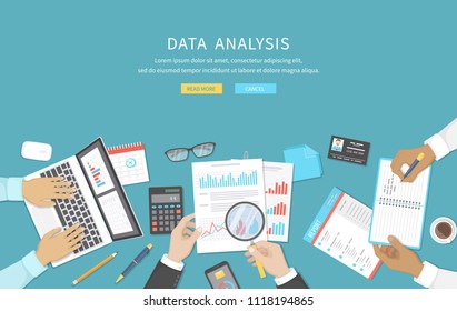 Data analysis, business meeting, audit,  calculation, reporting, accounting. People at the desk at work. Human hands on a table with documents, graphs, charts, notebook, phone, laptop. Vector