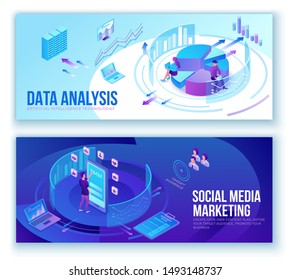 Data analysis, business people analyze diagram, kpi analytics, digital technology in finance, social media marketing banner set concept, big research isometric illustration, teamwork 3d background