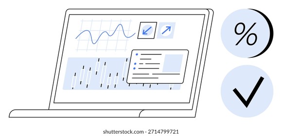 Data analysis, business performance, financial metrics, statistics, technology, productivity. Laptop showing graphs and charts with percentage and checkmark icons. Data analysis and business