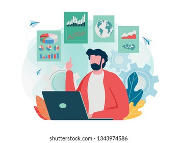 Data analysis. Business plan schedule. Create idea to success. graph, pie chart, info graphic. Flat cartoon character graphic design. Landing page template,banner,flyer,poster,web page