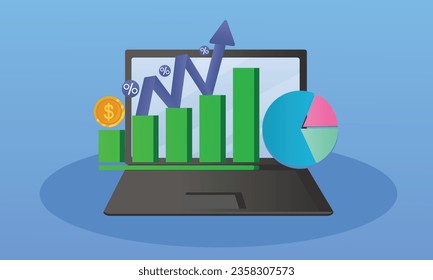 análisis de datos planificación de negocios que se disparan financia la visualización de datos.sobre fondo azul.Ilustración de diseño de vectores.