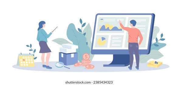Data Analysis. Business profit report. Successful investment of capital or money. Analyst looks graph of earnings growth. Vector illustration with character situation for web.	
