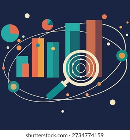 Data analysis and business research concept with bar charts, magnifying glass and orbits. Abstract geometric flat vector illustration for financial statistics and market discovery
