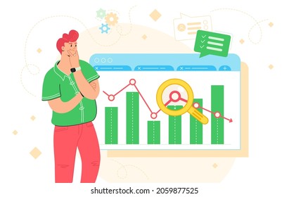 Data analysis, business research and report. Flat vector illustration of doubted man standing near financial graph and analysing the chart. Redhead character for market trends tracking and infographic