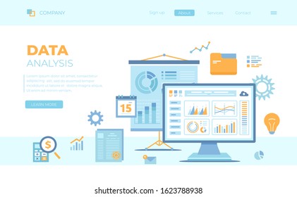 Data analysis and business strategy concept. Graphs, charts on the monitor screen, projector screen, documents. Financial Infographic for analytics. Can use for web banner, landing page, web template.