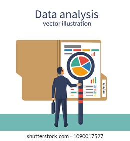 Data analysis. Businessman is studying statistical datawith charts, diagrams. Documents for financial statistics, reporting, strategy development. Vector illustration flat design.