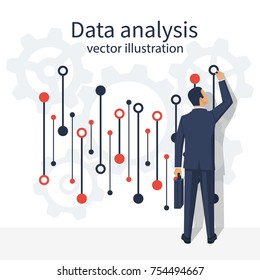 Data analysis. Businessman in suit with briefcase standing statistical datawith charts, diagrams. Financial statistics, reporting, strategy development. Vector illustration flat design.