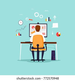 Data analysis, businessman working at computer, office, workplace. Flat design vector illustration.