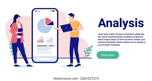 Análisis de Dada - Empresarios mirando gráficos y diagramas analizando negocios y números. Ilustración vectorial de diseño plano con espacio de copia y fondo blanco