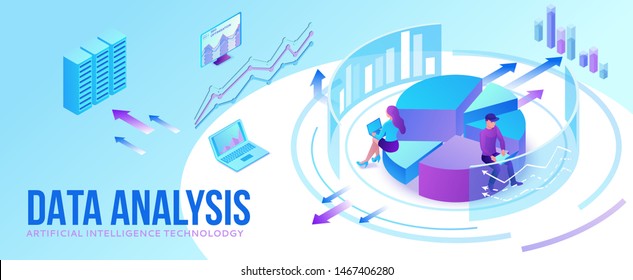 Data analysis center, business people analyze diagram, kpi analytics, digital technology in finance, artificial intelligence concept, big research isometric illustration, teamwork 3d background