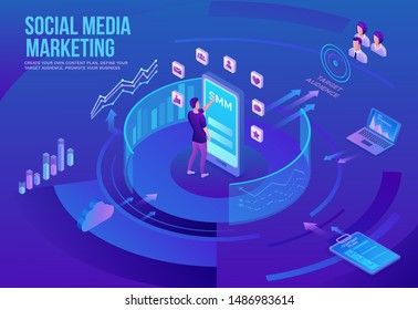 Data analysis center, business people analyze diagram, kpi analytics, digital technology in finance, artificial intelligence concept, big research isometric illustration, teamwork 3d background