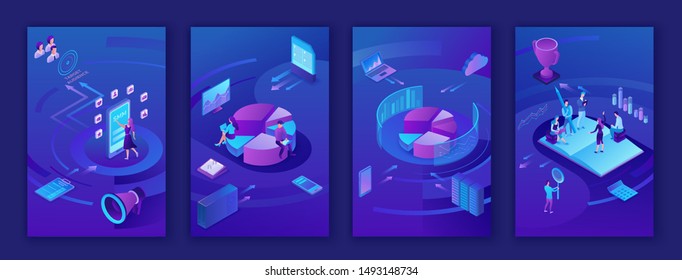 Data analysis center, business people analyze diagram, kpi analytics, digital technology in finance, artificial intelligence concept, big research isometric illustration, teamwork 3d background