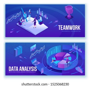 Data analysis center, business people analyze diagram, kpi analytics, digital technology in finance, artificial intelligence concept, big research isometric illustration, teamwork 3d background