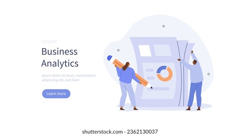 Data analysis. Characters working together on project and analyzing report, graphs, charts and other corporate data. Business analytics concept. Vector illustration.
