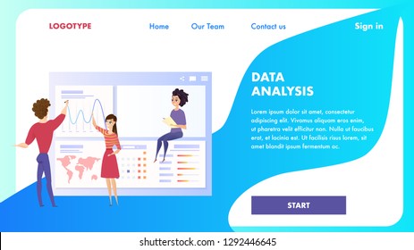 Data Analysis Chart Landing Page Vector Character. Business Man Shows Worldwide Finance Growth Graph. Online Strategy Kpi Presentation Concept for Website or Web Page. Flat Cartoon Illustration