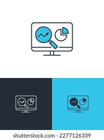 Data analysis chart and magnifying glass symbol on computer screen. Market research and data analysis concept. Vector icons on 3 different backgrounds.