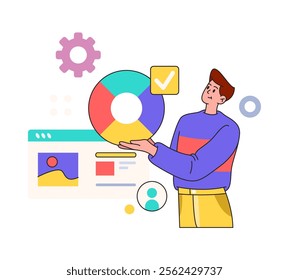 Data analysis and chart, man programmer developer. Developer of programs and mobile applications, flat vector. Networking and web solution, innovation technologies, information analysis illustration