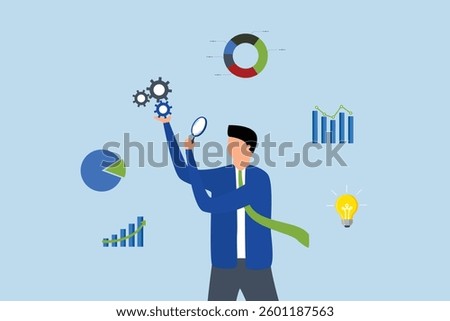Data analysis chart and report, businessman analyze data with magnifying glass.