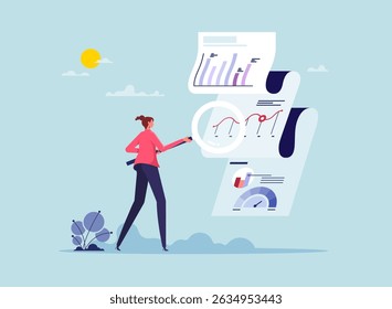 Gráfico e relatório de análise de dados, pesquisa financeira ou analisar informações para visão de marketing, análise ou diagrama de otimização, informações inteligentes, empresário analisar dados com lupa