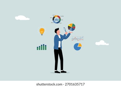 Gráficos e relatórios de análise de dados, pesquisa financeira ou análise de informações para insights de marketing, diagramas analíticos ou de otimização, empresários analisando dados com uma lupa.