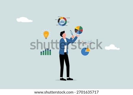 Data analysis charts and reports, financial research or information analysis for marketing insights, analytical or optimization diagrams, businesspeople analyzing data with a magnifying glass.