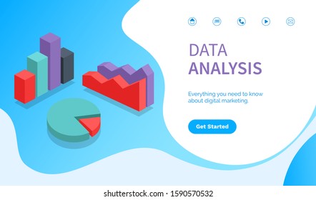 Data analysis, charts and shapes, abstract representation of information. Visualized info in shapes and forms. Report in diagram and flowchart. Website or webpage template, landing flat style vector