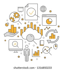 Data analysis circle template flat line icons. Set of business, market, compute, statistic and more.