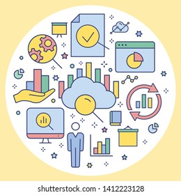 Data analysis circle template flat icons. Set of business, market, compute, statistic and more.