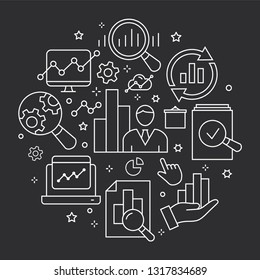 Data analysis circle template outline icons. Set of research, market, compute, statistic, information and more.