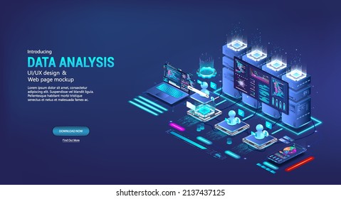 Data analysis and classification files in isometric data center. Servers with monitor and big data about system files. Isometric powerful computing computers for monitoring, classification and testing