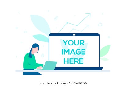 Data analysis - colorful flat design style illustration on white background. High quality composition with a girl with the computer at the desk, diagrams. A laptop with place for image on the screen