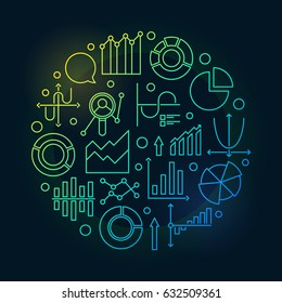 Data analysis colorful illustration - vector statistics or analytics sign made with linear chart and diagram icons on dark background