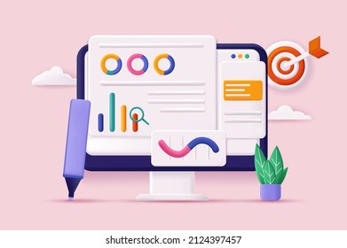 Data Analysis Concept 3D Illustration. Icon Composition With Statistics On Charts And Diagrams At Site Interface. Business Strategy Development And Targeting. Vector Illustration For Modern Web Design