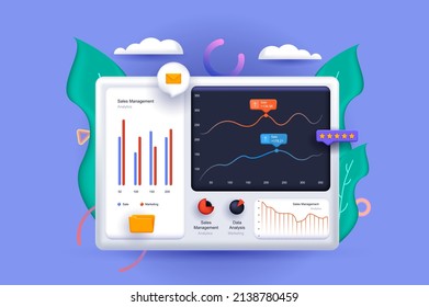 Data analysis concept 3D illustration. Icon composition with dashboard with graphs and charts, studying statistics and working with information on screen. Vector illustration for modern web design