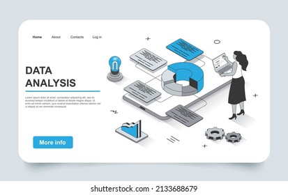 Data analysis concept in 3d isometric landing page outline design. Women studies statistics and researches graphs and charts, making financial report, line web template. Vector illustration.