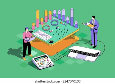 Data analysis concept in 3d isometric design. Men make report and market research, work with charts or graphs at dashboard at laptops. Vector isometry illustration with people scene for web graphic