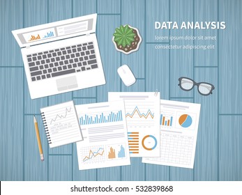 Data analysis concept.  Accounting, analytics, analysis, report, research, planning. Financial Audit, SEO analytics, statistics, strategic, report, management Charts graphics on a screen and documents