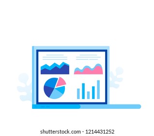 Data analysis concept. Analysts working. Laptop screen with data analysis graphs and charts. Modern flat style vector illustration.