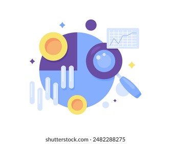 Datenanalysekonzept. Analysér Geschäftsdaten zur Informationsbeschaffung. Datenprüfung. Marktprüfungen und Diagramme. Abbildung Lupensymbol mit Münzen und Kreisdiagramm. Konzeptentwurf